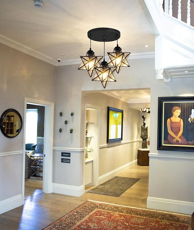 Farmhouse Glam Chandelier with Glass Star Pendants Light Fixture Elegant Ceiling Hanging Lights Included Warm Light Bulbs Black