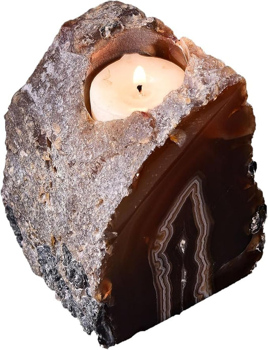 AMOYSTONE Earth Tone Agate Candle Stand 1.5-2lb Spa & Yoga Studio Essential | Natural Brazilian Stone | Meditation Sanctuary Decor | Eco-Friendly Spiritual Gift