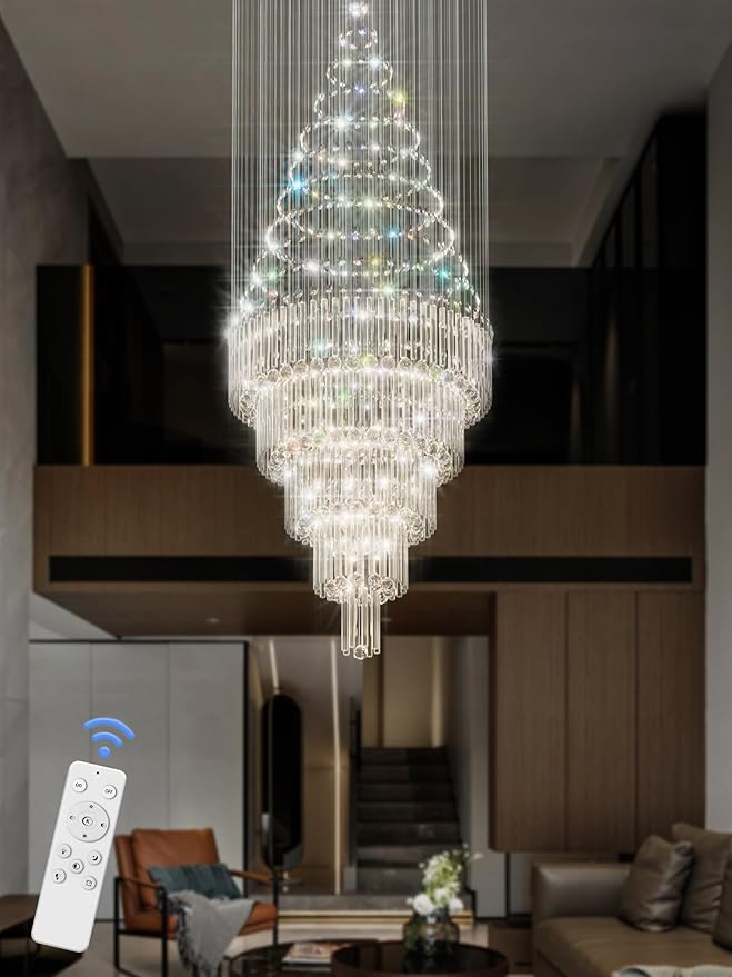 Flashing God 40''X90 Large Crystal Chandelier for High Ceiling Modern Crystal Raindrop Chandeliers Lighting Round Ceiling Light Entryway Staircase Foyer Villa LED Dimmable 2700-6000K