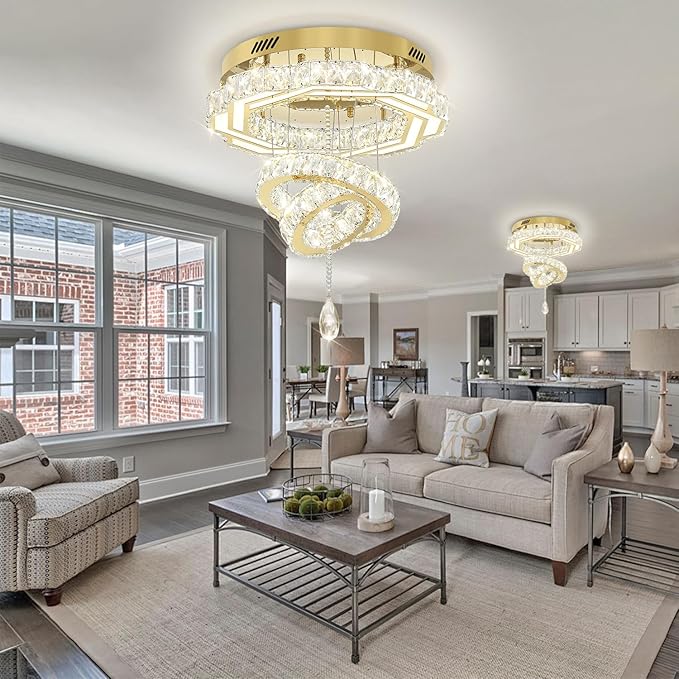 Flashing God 20" Crystal Chandelier Crystal LED Flush Mount Chandeliers for Living Room Bedrooms Dining Room Modern Gold Chandelier Lighting Dimmable 2700k 4500k 6000k