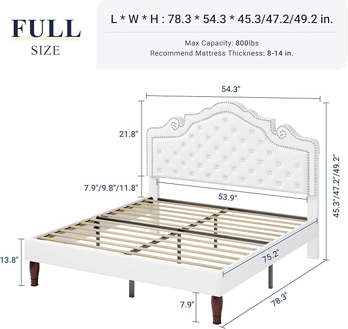 Allewie Full Size Bed Frame with Adjustable Velvet Tiara Headboard, Upholstered Diamond Button Tufted Platform Bed, Wood Slats Support, No Box Spring Needed, White