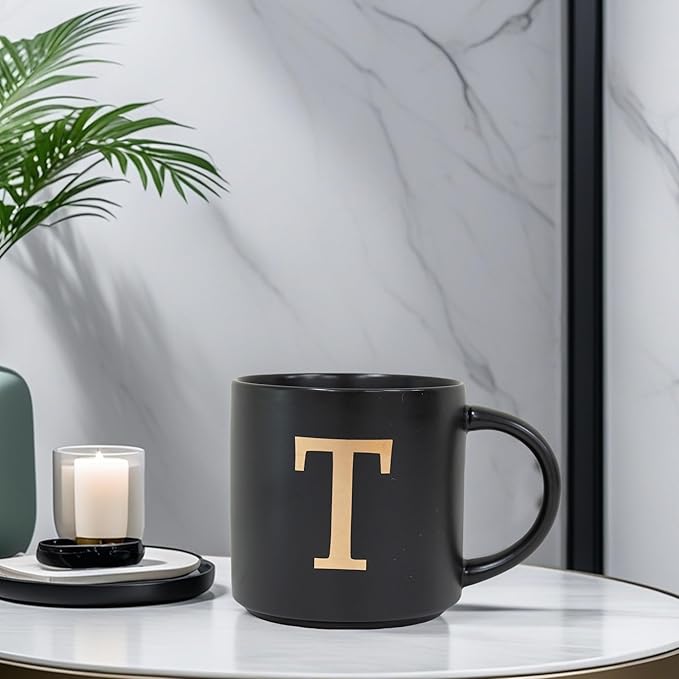 COLLECTIVE HOME - Monogram Ceramic Mugs, 15 oz Golden Initial Black Coffee Cups, Elegant Alphabet Tea Mugs, Elegant Personalized Mug with Gift Box, Unique Mug with Double Side Capital Lette (T)