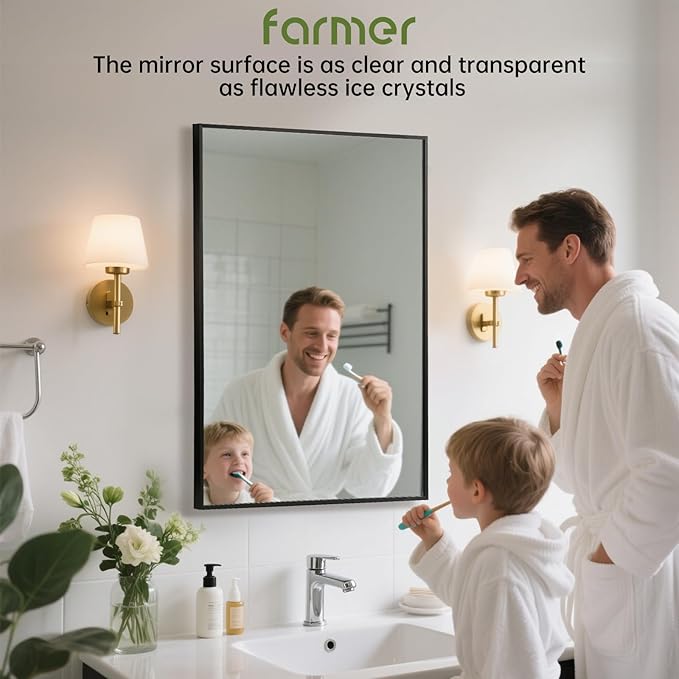 FARMER 24x32 Inch Black Bathroom Mirror, Rectangle Wall Mounted Mirror, Vanity Mirror, Brushed Square Mirror, Framed Bathroom Mirror for Bedrooms, Entryways, Living Rooms, Horizontal/Vertical