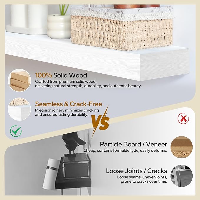 Floating Shelves 3 inch Thick for Wall Set of 2,Solid Pine Wood Wall Mount Shelf for Kitchen Living Room Bedroom Bathroom,8" D x 60" L x 3" H-White