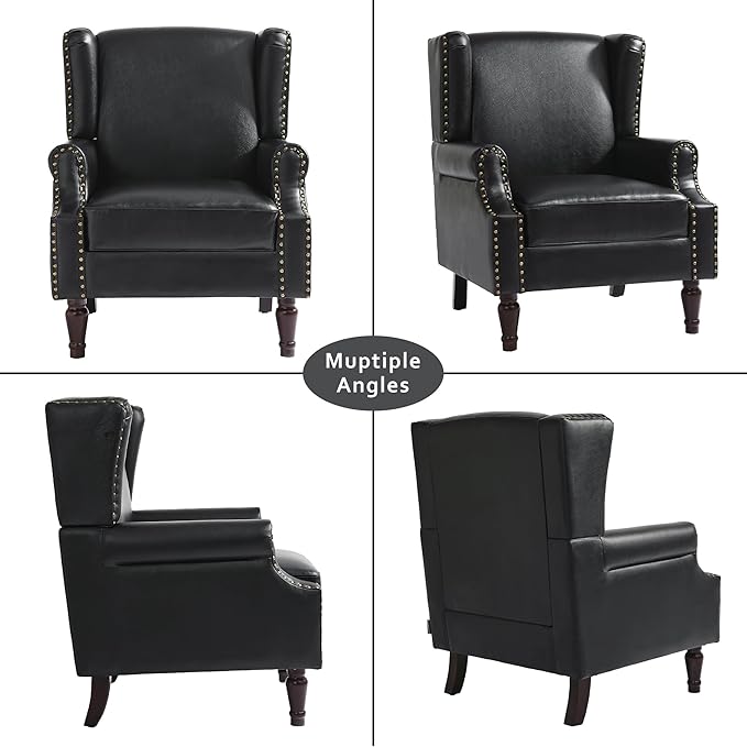 Accent Chair, Faux Leather High Back Armchair or Living Room, Comfy Upholstered Single Sofa Reading Chair with Solid Wood Legs for Office, Bedroom, Waiting Room-Black