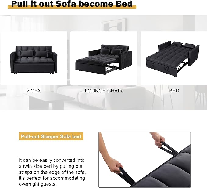3 in 1 Sleeper Sofa Bed, Futon Sofa Bed for Living Room with Side Pocket, Black Sleepers Sofas Couch with Pullout Beds, Convertible Love Seat Sleepers Couch for Living Room, Bedroom,