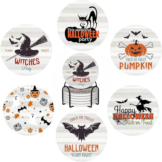 6 PCS Halloween Coasters with Metal Holder and Cork Base Ceramic Drink Coasters Absorbent Cup Mat Non-Slip for Home Kitchen Office Table Decor, 4 Inch Halloween 1