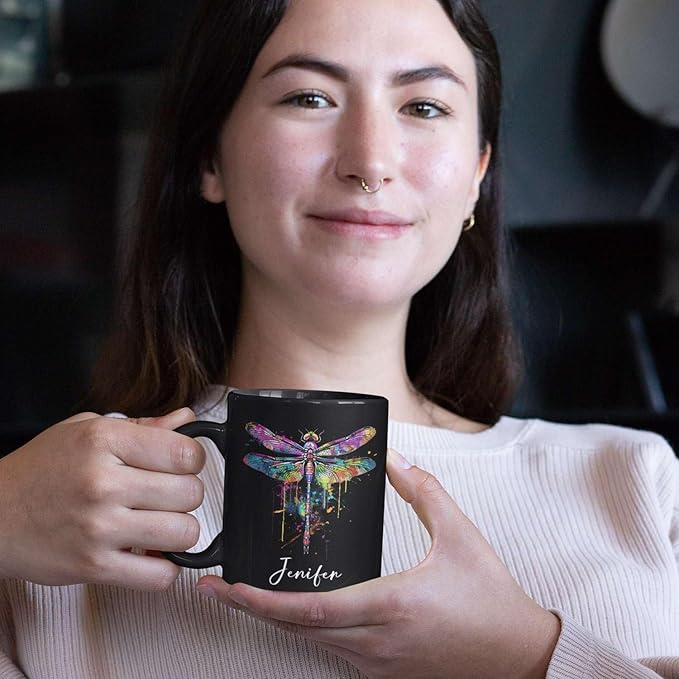 Colorful Dragonfly Ceramic Cup - Personalized Name Coffee Mug for Birthday, Gift for Son Daughter, Customized Black Animal Mug, Dragonfly Lover Cup 11oz 15oz