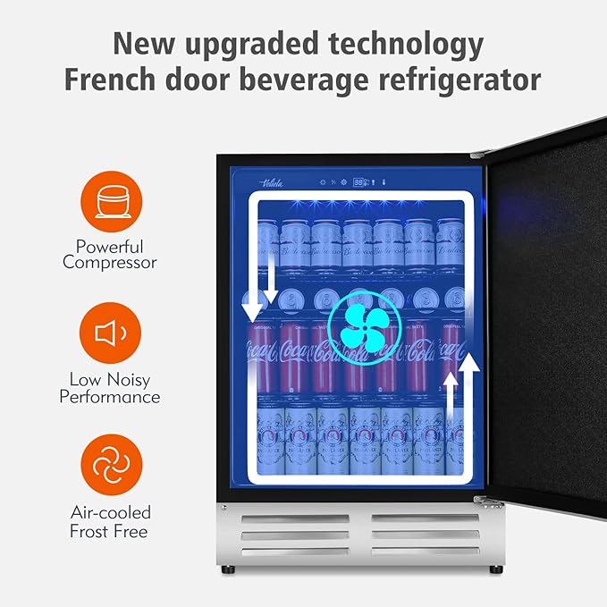 24 Inch Outdoor Beverage Refrigerator Cooler,Stainless Steel Wide Refrigerator for 210 Cans,Fit Perfectly for 24" Space Built-in Counter or Freestanding with powerful and quiet cooling system