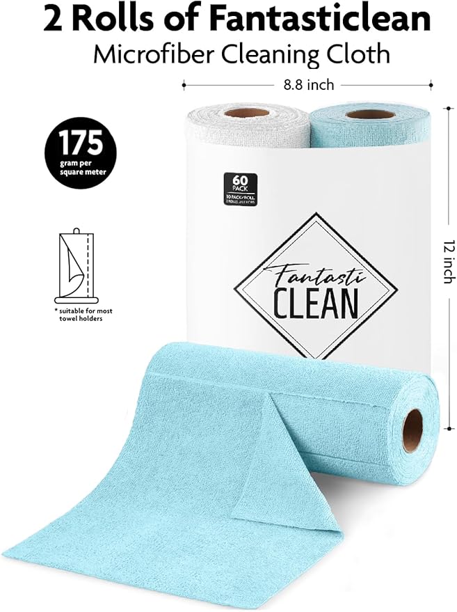 Fantasticlean Microfiber Cleaning Cloth Roll -60 Pack, Tear Away Microfiber Towels, 12" x 12", Reusable, Washable, Scratch Free, Ultra Absorbent Dish Rags for Car, Home, Garage or Shop (White & Blue)