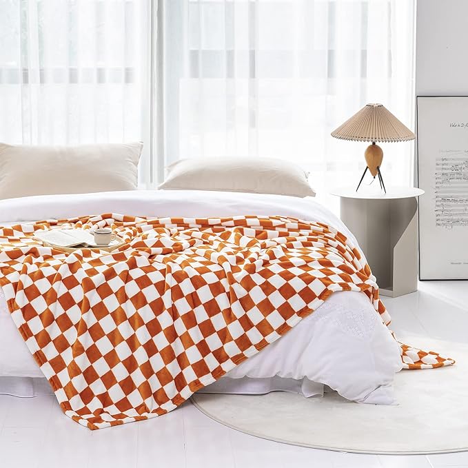 LOMAO Throw Blankets Flannel Blanket with Checkerboard Grid Pattern Soft Throw Blanket for Couch, Bed, Sofa Luxurious Warm and Cozy for All Seasons (Orange, 60"x80")