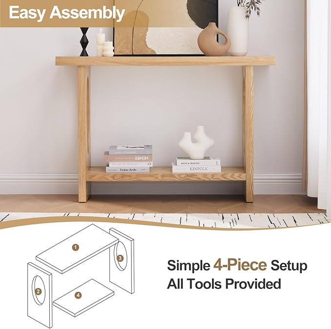 BECHAEO 47-Inch Farmhouse Narrow Console Table, 2'' Thickened Entryway Table with Solid Wood Veneer, 2-Tier Sofa Tables Behind Couch, Rectangle Hallway Tables for Living Room, Foyer Rustic Oak