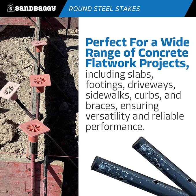 Sandbaggy Round Steel Concrete Form Stakes with Nail Holes - Rust Resistant Coating - Removable, Reusable (10, 3/4 in X 60 in)