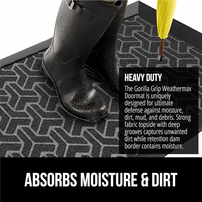 GORILLA GRIP 100% Waterproof All-Season WeatherMax Doormat 35x23, US Designed Natural Rubber, Stain and Fade Resistant, Low Profile Indoor Outdoor Door Mats, Easy Clean Patio Mat, Slate Geometric