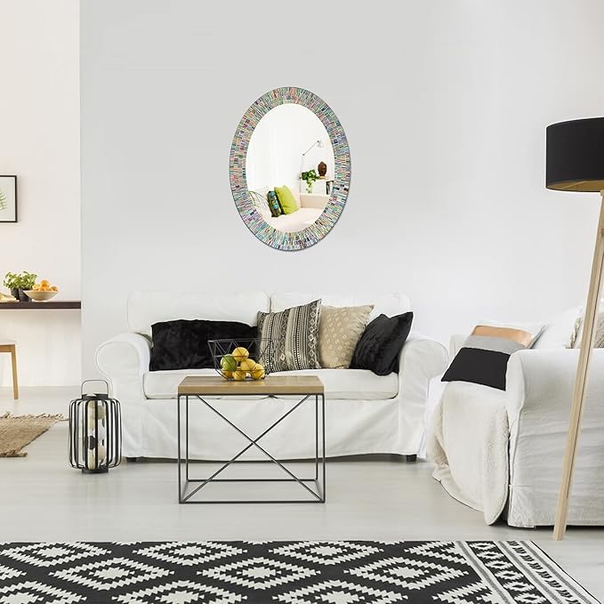 Bohemian Rainbow Wall Mirror -Glass Mosaic Decorative Wall Mirror, Multi Color Spectrum Wall Mountable, Oval Multi-Color Framed Mirror (32 in. x 24 in.)