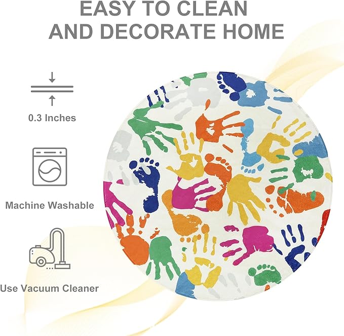STARUIA Large Round Rug for Classroom 6 Ft, Colorful Circle Rug for Nursery, Washable Kids Rug for Playroom, Soft Circular Carpet Handprints and Footprints Play Mat for Kids Bedroom Toy Room