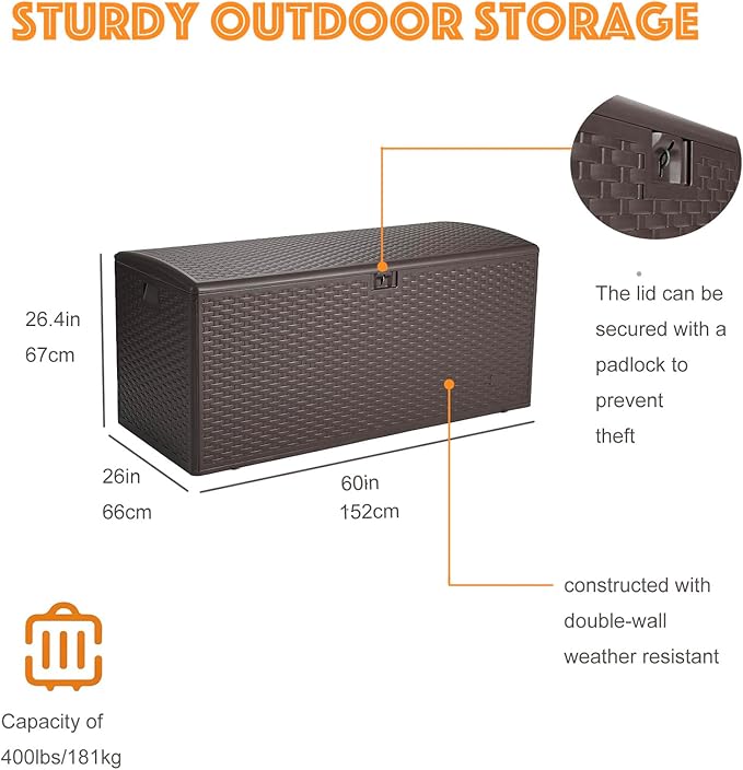 Alsophila150 Gallon Large Storage Box with Lid,Waterproof Outdoor Storage Container for Patio Furniture Cushions, Gardening Tools, Pool Accessories,Lockable Resin Deck Box with Smooth Hydraulic Lid