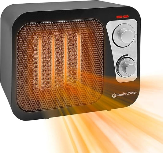 Comfort Zone Space Heaters for Indoor Use, Portable Heater, Fast Heating, Electric Heater, Thermostat, Retro Design, Bedroom Heater with Overheat Protection, Safety Tip-Over Switch 1,500W, Black