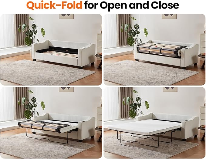 CHIC HOUSE Pull Out Sofa Bed, Full Size Sleeper Sofa, 2-in-1 Convertible Chenille Couch with USB Charging, Memory Form Corduroy Couch for Living Room, Apartment & Small Space (Beige, Chenille - Queen)