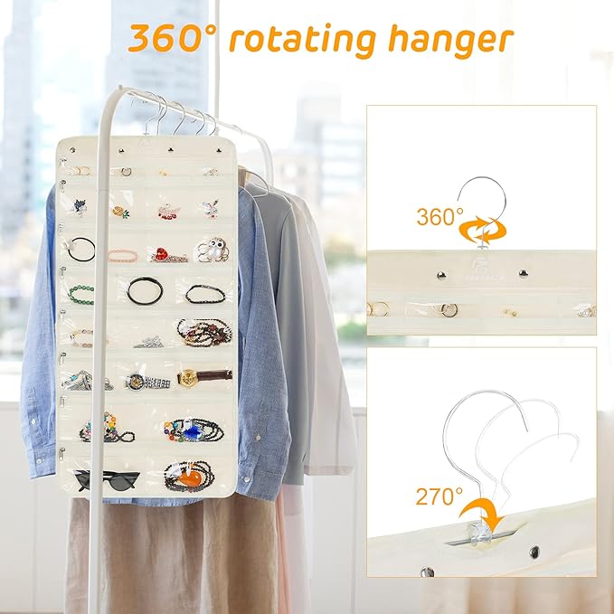 Freegrace Hanging Jewelry Organizer Revolving Hanger - Secure Zipper Closure - 50 Pockets - Foldable Storage & Display Solution - For All Jewelry & Bijoux (Beige)