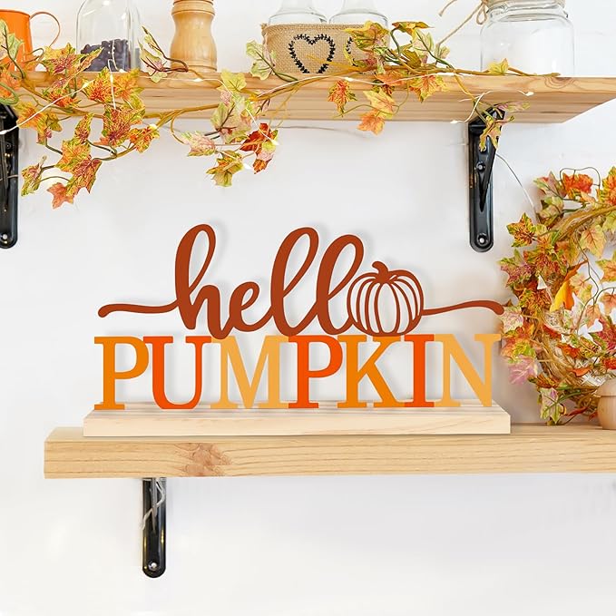 COCHIE Metal Hello Pumpkin Sign, Orange Fall Decorations for Home, Office, Shelf, Mantel, Indoor, Autumn Pumpkin Decoration, Hello Fall Decor (Autumn A)