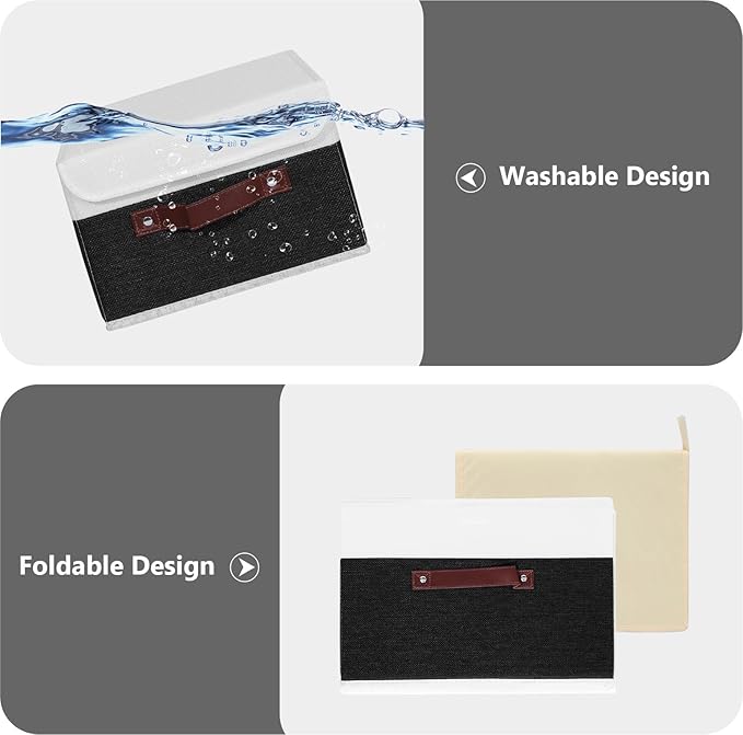 ANMINY 2PCS Storage Boxes with Lid Washable Decorative Storage Bins Basket with PU Leather Handle Foldable Linen Fabric Storage Cubes Containers for Home Closet Organizer - Black White, Small Size