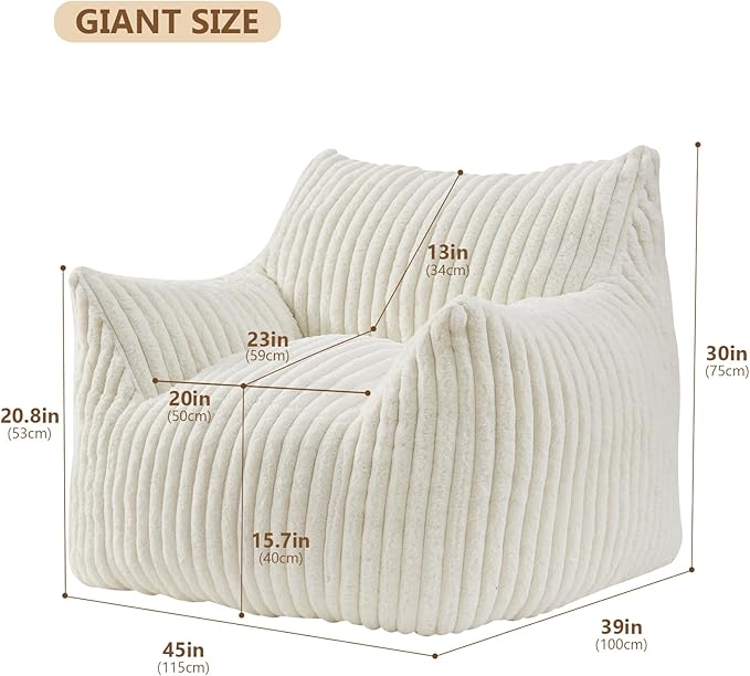 Giant Bean Bag Chairs for Adults Teens, Large Bean Bag Sofa Chairs with Filling Comfy Fuzzy BeanBag Chair with Armrests for Bedroom Living Room Reading