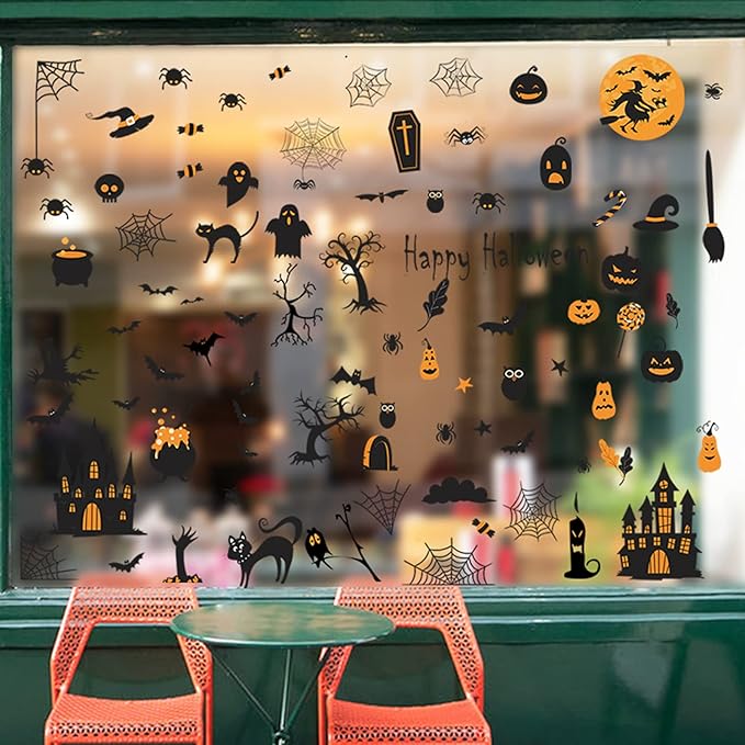 84 PCS Window Clings - Halloween Wall Stickers for Living Room, Pumpkins, Castles, Bats, Cats, Vampire, Witch Stickers, Household Decorative Murals, Party Supplies