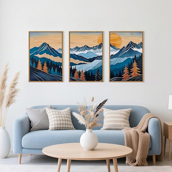 Celestdeco Blue Woodcut Mountain Framed Canvas Wall Art Set, Boho Abstract Ridge Wall Decor, Pine Tree Landscape Wall Painting, Sunrise Forest Art Print for Living Room, Bedroom, Office - 24"X36"X3