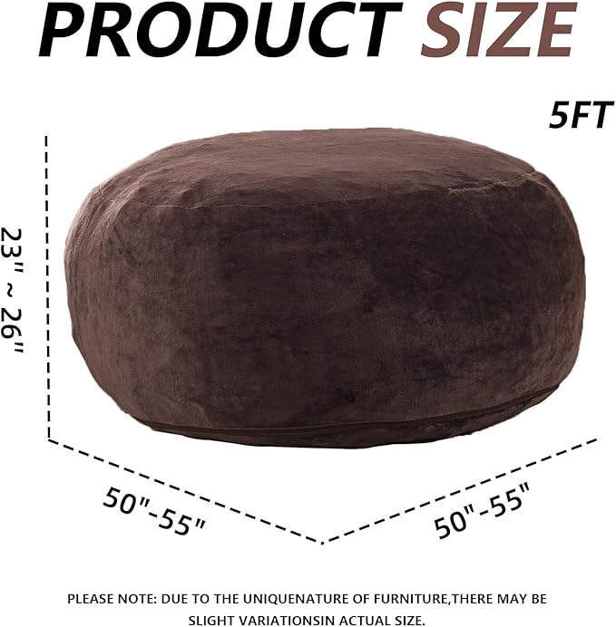 5FT，Big Bean Bag Chairs for Adults，Large beanbag with Filler Included，Memory Foam Material，Easy to Clean and Washable Corduroy Fabric，Suitable for Living Room and Bedroom (Brown, 5 Foot)
