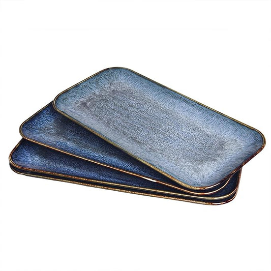 Ceramic Dinner Plates Dish Set,Set of 4, for Lunch snacks - Microwave, Oven & Dishwasher Safe,Scratch Resistant, Dinnerware Kitchen Porcelain Serving Dishes,Blue 12.4 Inch Rectangle plate