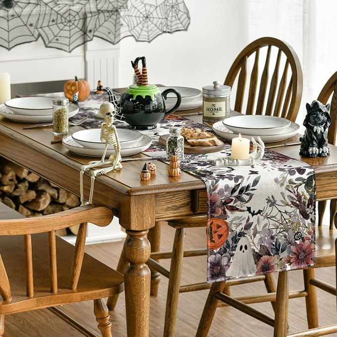 Artoid Mode Jack-O'-Lantern Pumpkin Floral Ghost Halloween Table Runner, Eucalyptus Kitchen Dining Table Decoration for Home Party Decor 13x120 Inch