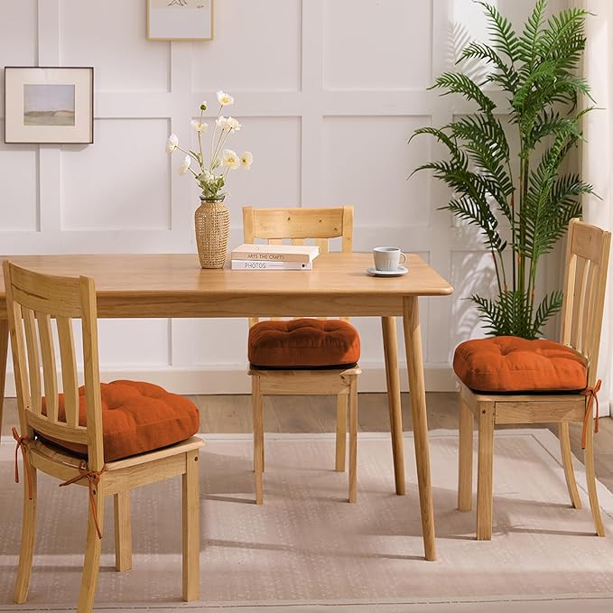 Chair Cushions for Dining Chairs, Dining Chair Cushions, Tufted Indoor Chair Pads with Ties & Non Slip Backing, Seat Cushions for Kitchen Chairs 16.5” x 16.5” x 3.5”, Set of 4, Orange