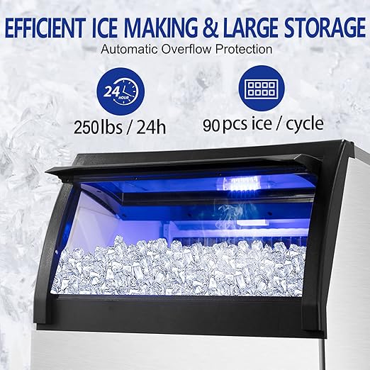 Commercial Ice Maker 250Lbs/24H Under Counter Ice Machine with 77Lbs Storage Bin, 90 Ice Cubes in 11Min, Stainless Steel Freestanding Ice Making Machine for Business, Water Filter and Scoop Included