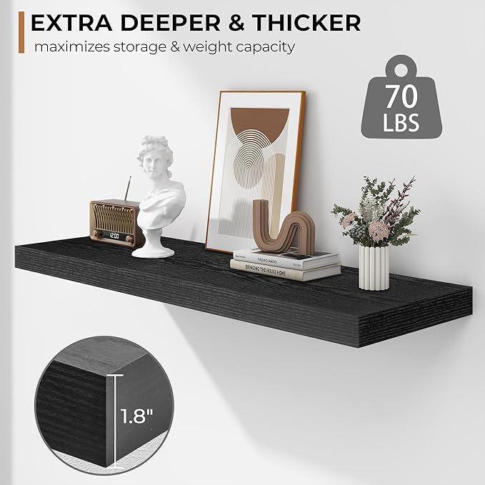 Fun Memories Floating Shelves - 2 Pack 12 Inch Rustic Wooden Wall Shelves - Extra Deeper & Thicker Wall Mounted Storage Shelf for Living Room, Kitchen, Farmhouse - 36" W x 12" D x 1.8"H - Rustic Black