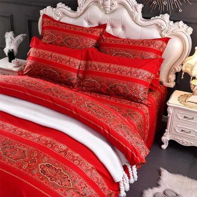ABREEZE Full Duvet Covers, Bohemian Retro Bedding Set, Coloful Mandala Down Comforter Cover, Boho Floral Style Quilt Cover, 100% Brushed Cotton, 1 Duvet Cover and 2 Pillow Shams,Red