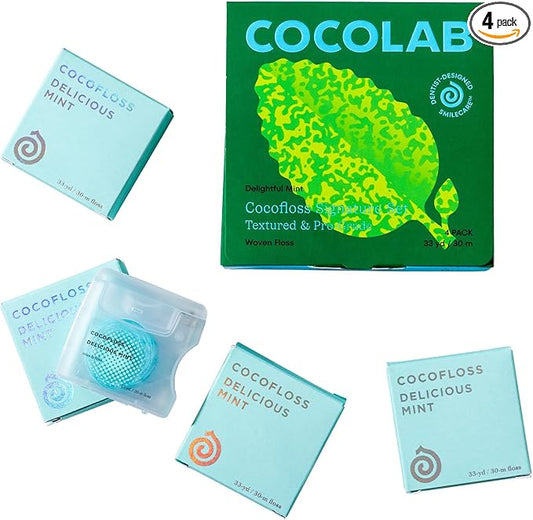 Cocofloss Woven Dental Floss, Dentist-Designed Oral Care, Mint, Waxed, Expanding, Vegan, Kid-Friendly String Floss with Coconut Oil, 4 Spools (33 yd Each)