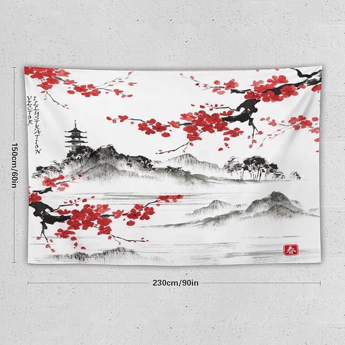 Cherry Blossoms Tapestry, Japanese Fuji Mountain Tapestry, Asian Japanese Wall Tapestry, Nature Landscape Tapestries for Bedroom Living Room Decor 90"x60"