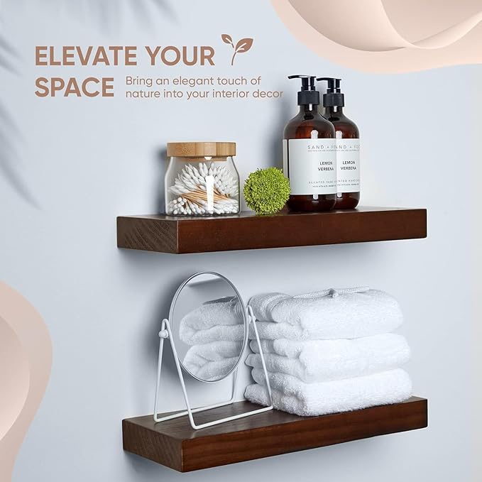 Homeforia Walnut Floating Bathroom Shelves, High End Solid Real Wood 16 inch Small Floating Shelf for Wall Mounted, Dark Brown 16inch Floating Shelves, Heavy Duty Bracket, 16 X 6.5 X 1.75 in, Set of 4