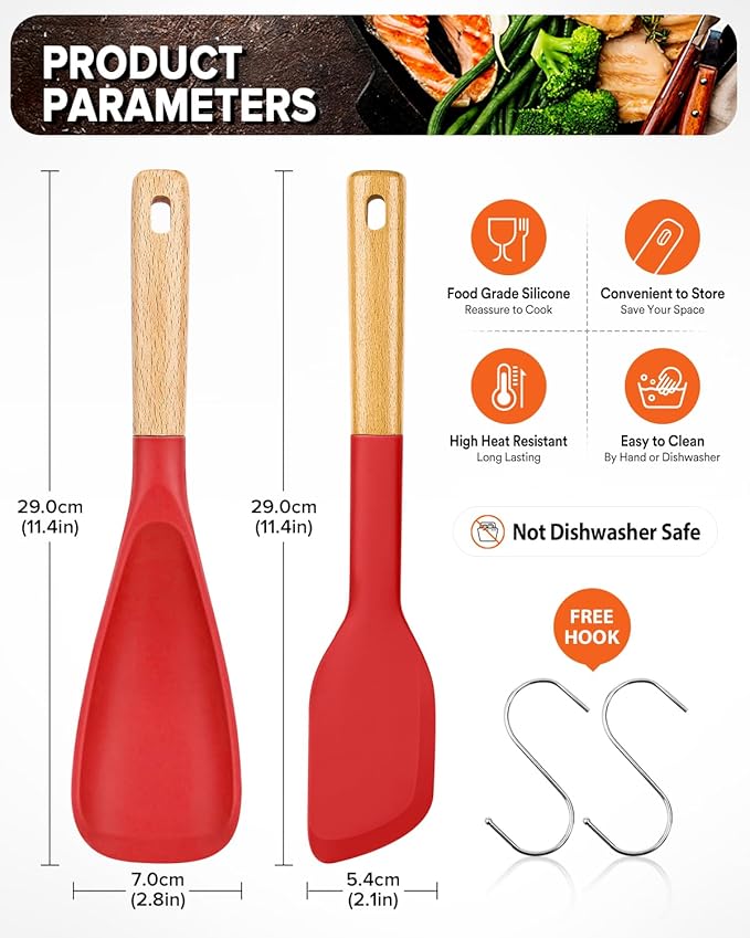 Cooking Spoon and Scraper for Nonstick Cookwares, Great for Cooking and Serving Durable BPA-Free Matte Silicone, Wood Handle Multifunction Spoon for Mixing, Scoop, and Scrape (RED)