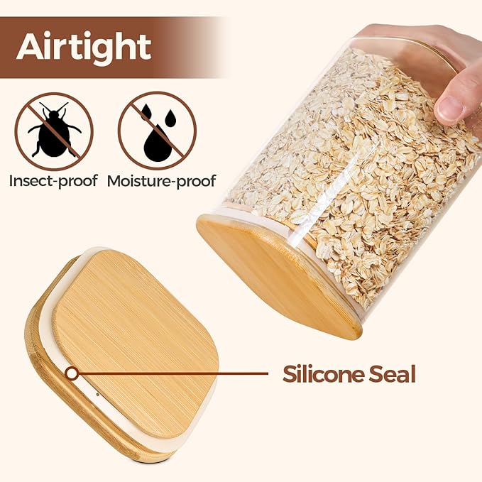 ComSaf 1.2 QT Glass Storage Containers with Lids, Glass Jars with Lids, Clear Food Jar, Square Canister Set of 6, Pantry Organizers and Storage for Cookie Flour Oat Pasta Tea Coffee Bean