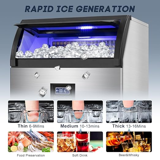 Commercial Ice Maker Machine 360LBS/24H with 80LBS Storage Bin, 126PCS Ice Cubes Ice Machine Stainless Steel Undercounter/Freestanding Ice Maker for Home Bar Outdoor, Self Cleaning
