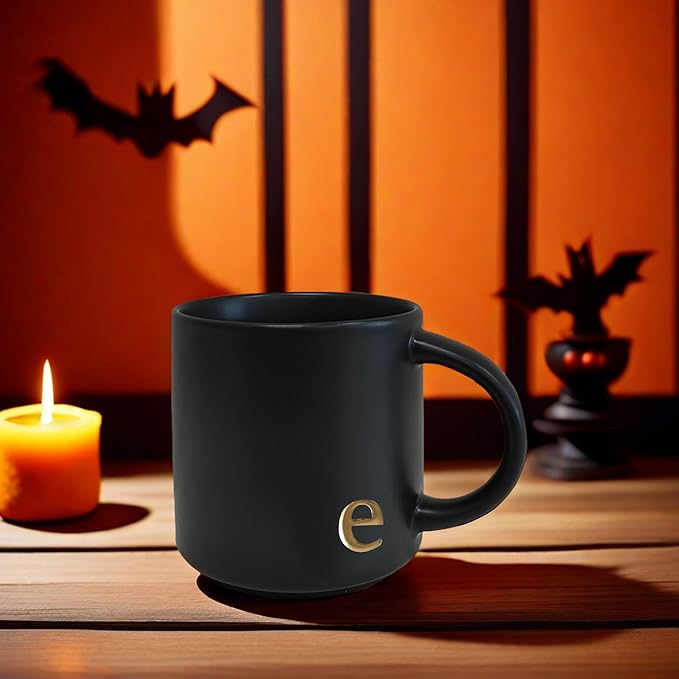 COLLECTIVE HOME - Black Monogram Ceramic Mugs, 15 oz Golden Initial Coffee Cups, Elegant Alphabet Tea Mugs, Personalized Halloween Mug with Gift Box, Perfect for Office and Home Décor (e)