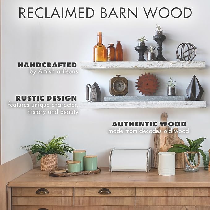 Urban Legacy Reclaimed Barnwood Planks | Floating Shelves for Wall w/Flush Mount Shelf Bracket Set Included | Set of 2 (White Wash, 18"x 7"x 2")
