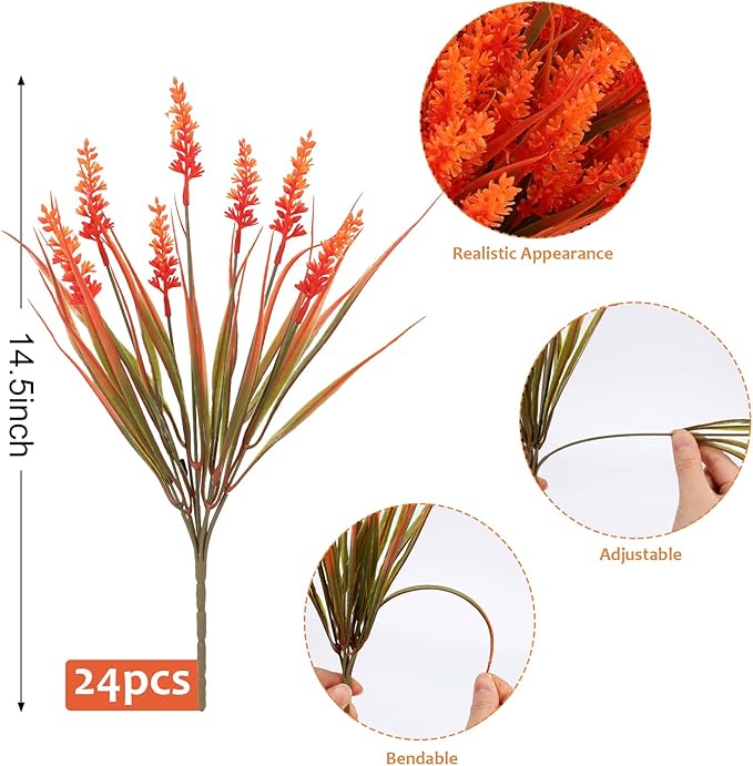 Geegoods 24 Bundles Artificial Fall Flowers Outdoor – Faux Lavender Flowers with Monkey Grass UV Resistant Plastic Faux Plants for Garden Porch Patio Home Decor, Autumn-red Color