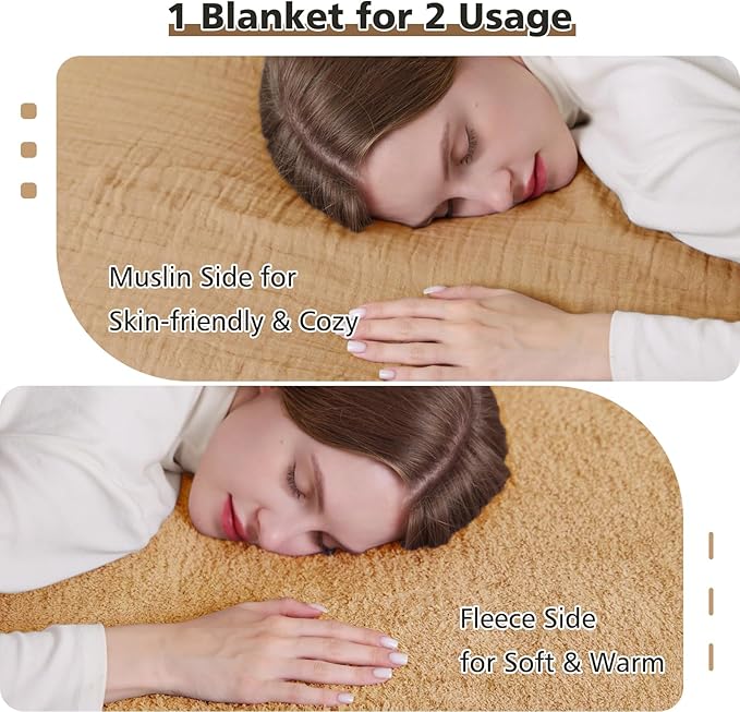 EMME Muslin and Fleece Twin Blanket Reversible - 60"*80" Beige Soft Warm Throw Blankets for Couch Bed Picnic Travel Bed