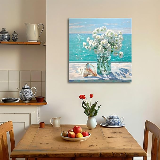 Bathroom Decor Ocean Daisy Flower Canvas Wall Art Coastal Nautical Seashell Seascape Framed Picture Ocean Theme Seascape Painting Artwork for Bedroom Home Decoration Square Blue 14x14"