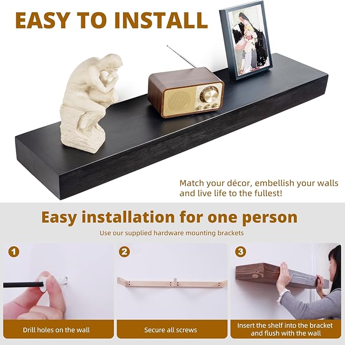 Floating Shelves 3 inch Thick for Wall Set of 2,Solid Pine Wood Wall Mount Shelf for Kitchen Living Room Bedroom Bathroom,8" D x 48" L x 3" H-Black