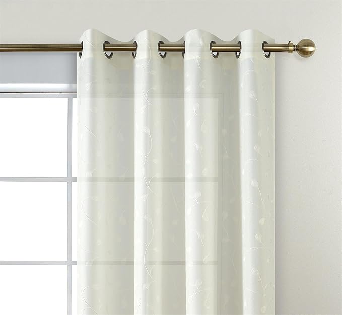 MIUCO Floral Embroidered Semi Sheer Curtains Faux Linen Grommet Curtain Panels for Living Room 52 x 95 Inch 1 Pair, Off White