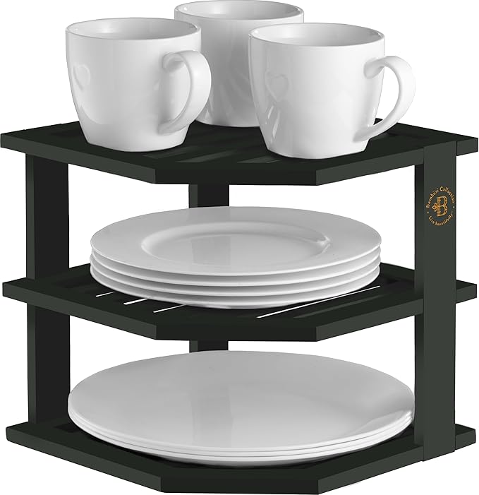 Cabinet Organizer Shelf - Bamboo Corner Rack for Kitchen Counter, Cabinet Space Saver for Plates, Dishes, Bowls, Bread Pantry, Bathroom Storage or Countertop Stand, Black